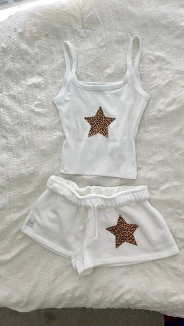 White Cheetah Star Tank & Sweat Shorts Set