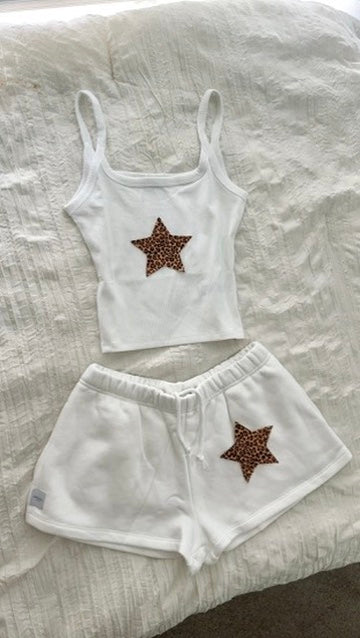 White Cheetah Star Tank & Sweat Shorts Set