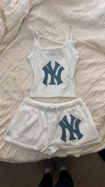 White Denim NY Tank & Sweat Shorts Set