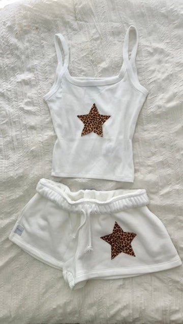 White Cheetah Star Tank & Sweat Shorts Set